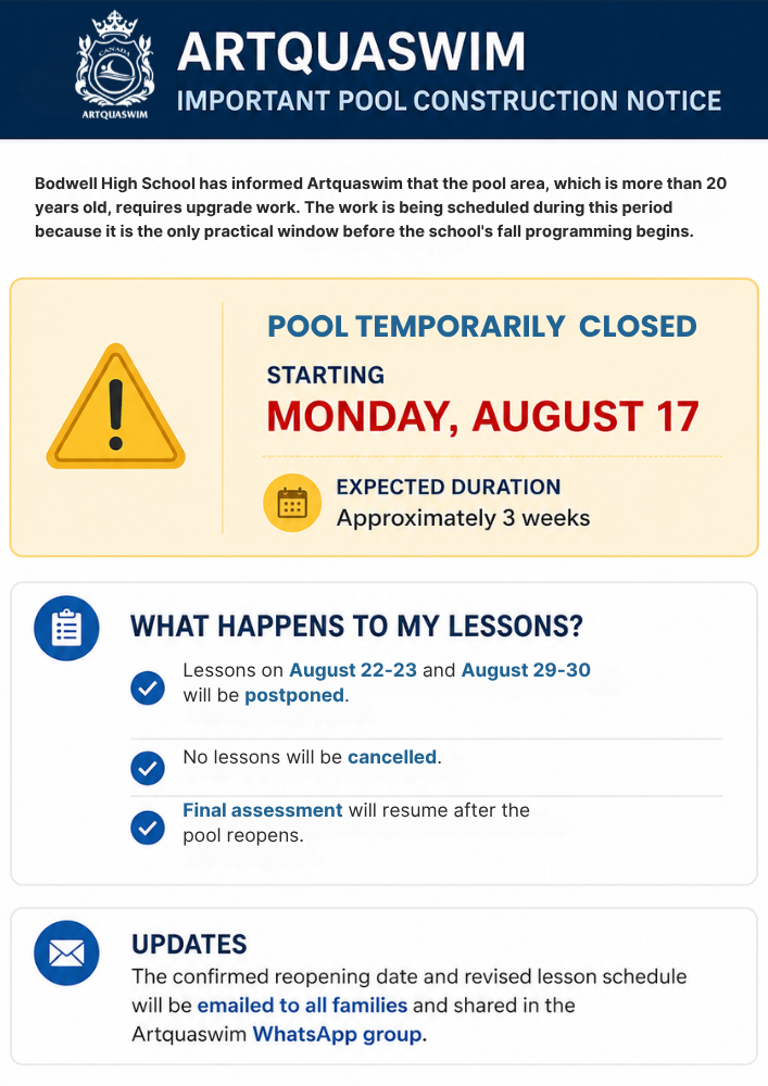Artquaswim Pool Notice